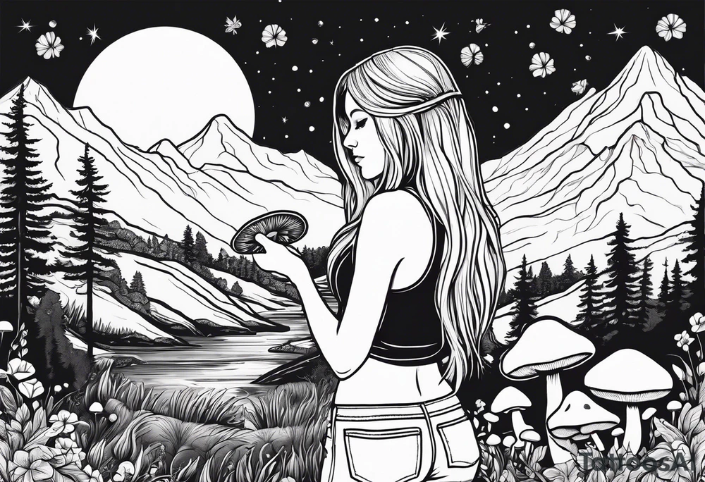 Straight long blonde hair hippie girl in distance holding mushrooms in hand facing away toward mountains and creek surrounded by mushrooms tee shirt and hiking pants

Entire tattoo encircled tattoo idea