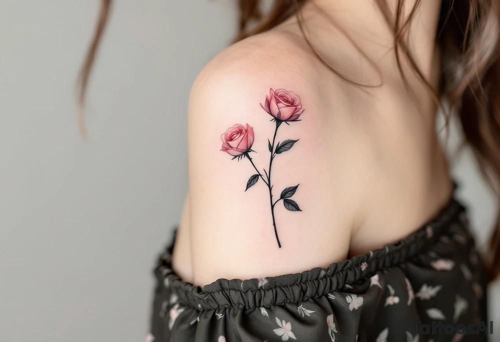 bouquet of fine-line rose with a thin black stem and soft dusty pink petals, minimal and elegant on the wrist. tattoo idea