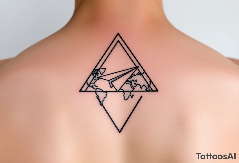 Small geometric triangle with a geometric paper plane flying around the world with fine thin lines tattoo idea