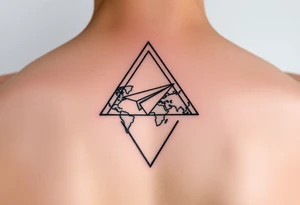 Small geometric triangle with a geometric paper plane flying around the world with fine thin lines tattoo idea