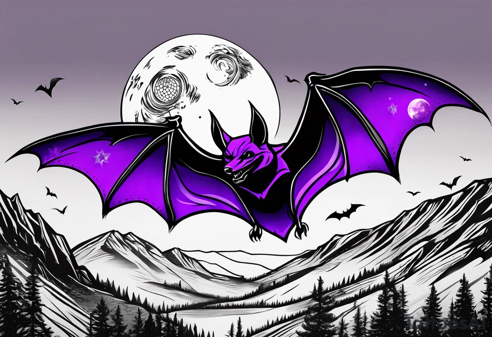 Purple bats and moon tattoo idea