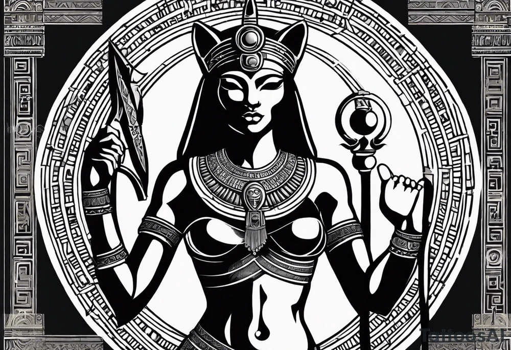 Full body from head to toe of Ancient Egyptian goddess sekhmet, lioness head with black sun disk above her head and woman's body. She looks straight ahead and ready for battle looking fearless and powerful holding an ankh in one hand and a papyrus sceptre in another, she has long hair flowing tattoo idea