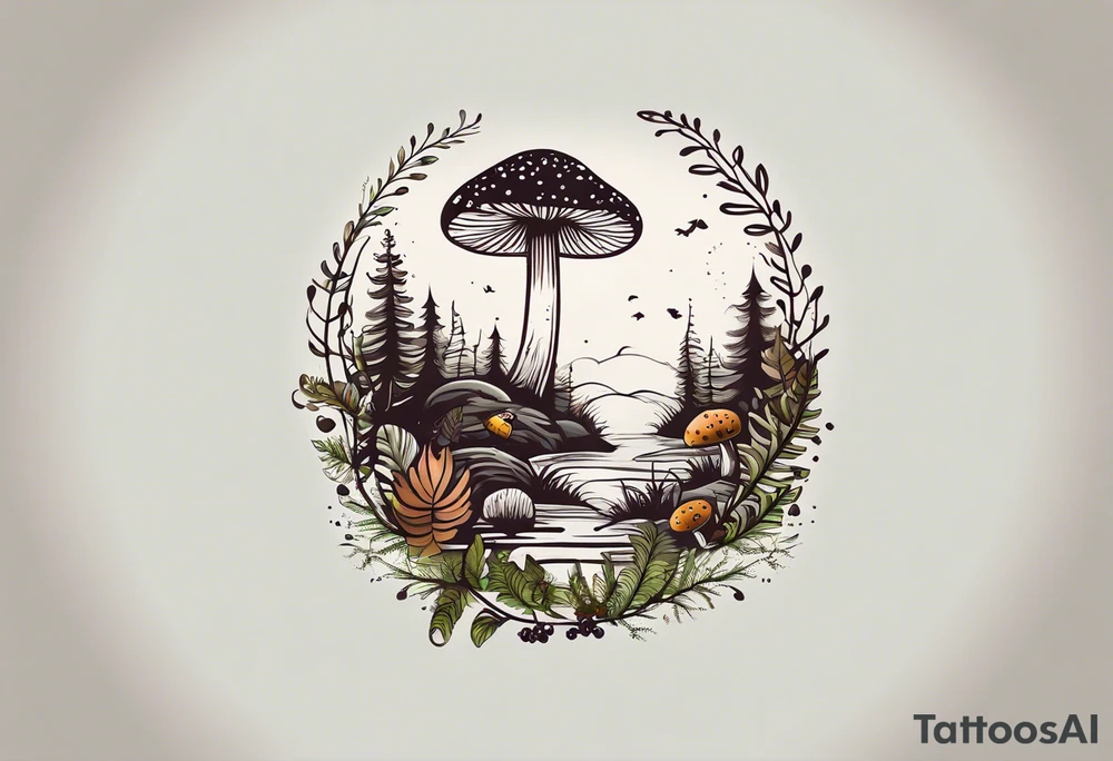 minimalistic forest floor inspired tattoo, which includes grass, moss, curly ferns and dead leaves as the bulk of the tattoo. details to include: forest berries, couple of very small brown mushrooms, a tiny bumblebee flying nearby tattoo idea