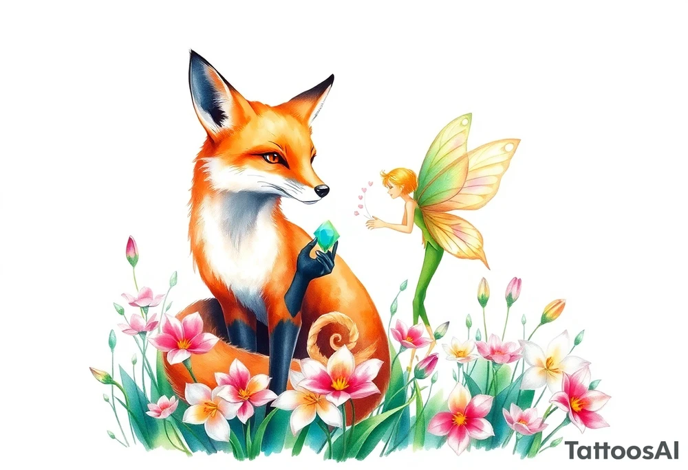 Fox with a fairy standing close to it  holding a emerild jem in a field of lillys tattoo idea