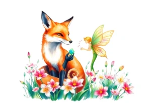 Fox with a fairy standing close to it  holding a emerild jem in a field of lillys tattoo idea