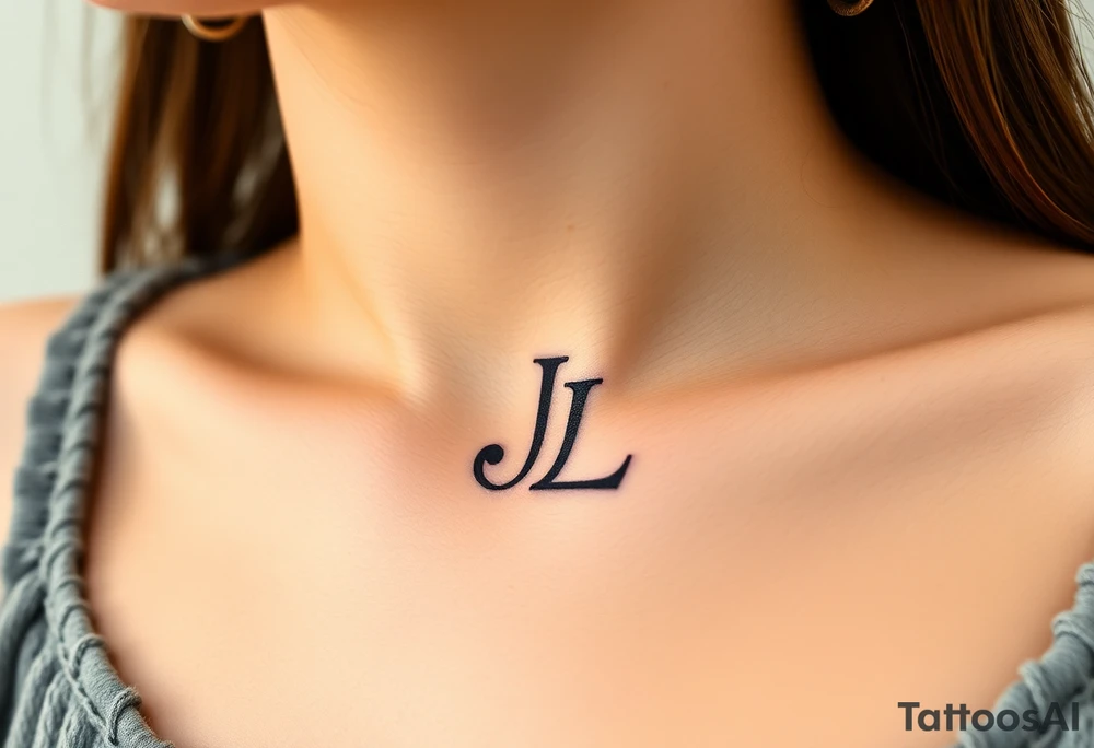 Dainty and minimalist sternum tattoo with a unalome ending in interconnected J and L tattoo idea