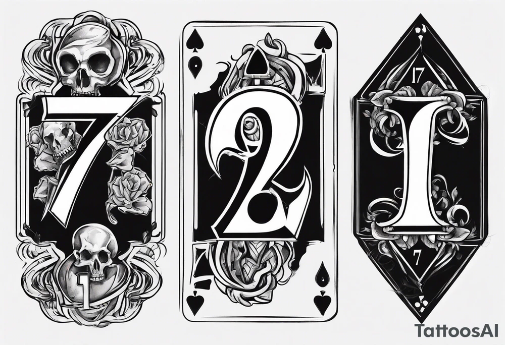 Number 7 and number 2 stacked poker card, most outward facing card has a small gravestone on it tattoo idea