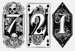 Number 7 and number 2 stacked poker card, most outward facing card has a small gravestone on it tattoo idea