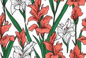 a thin narrow gladiolus stalk. green leaves. coral-colored flowers with deep red centers. tattoo idea