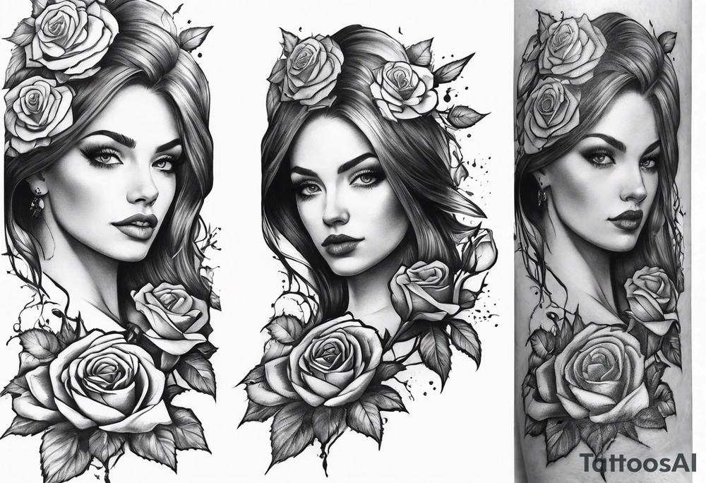 fool sleeve, old broken gothic home, broken sword, roses tattoo idea