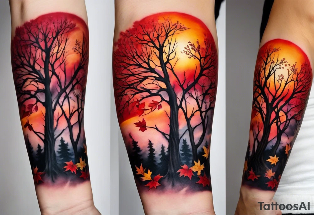 Arm tattoo. Long tattoo. Full sleeve. Shoulder. A single large maple tree with red autumn leaves that branches upwards from wrist to shoulder. White-throated dipper bird on the trees branches. Calluna flowers at the base of the trees stem. Tree stem has dark colors. Red/yellow sunset behind the trees stem. Leaves falling. tattoo idea
