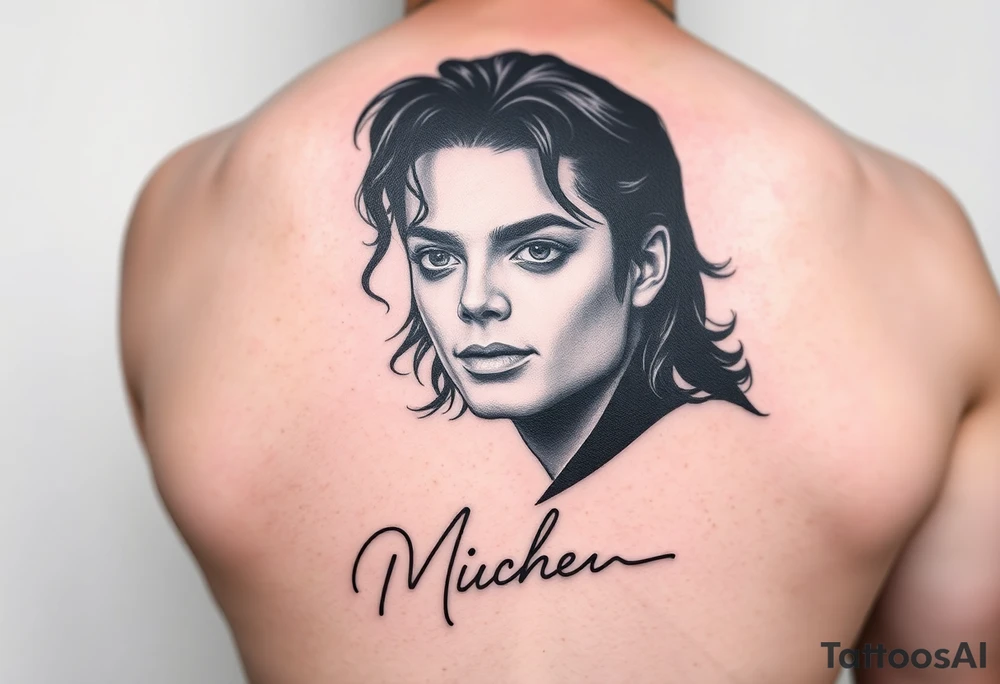 A black and grey realism tattoo design for an upper arm sleeve of Michael Jackson. The main design shows a photorealistic portrait fading out near the bottom. At the very bottom, his iconic official signature/autograph is written in clean, sharp fine-line script on a clean skin background, acting as a signature for the artwork. Professional tattoo flash tattoo idea