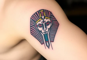 A Pharaoh’s Mask with a Modern Twist (Cyberpunk, Biomechanical, etc.)(only red , blue and black are possible colors) tattoo idea