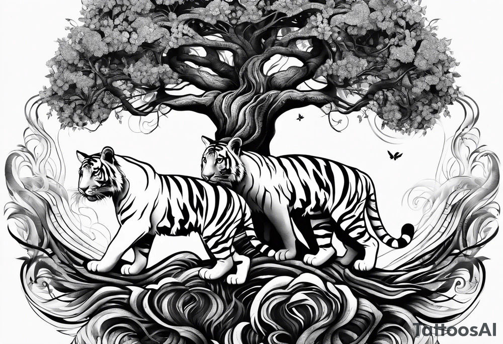 Tree of life with the roots going into a tigers stripes tattoo idea