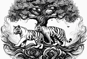 Tree of life with the roots going into a tigers stripes tattoo idea