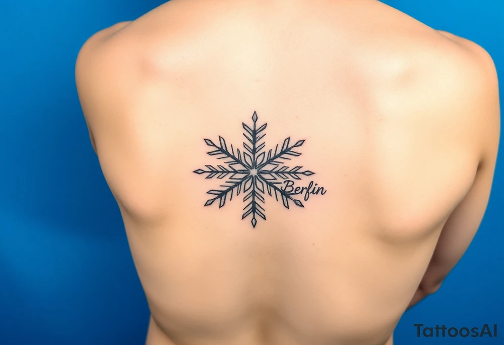 Blue backround, a snowflake and the name „Berfin“ in it tattoo idea