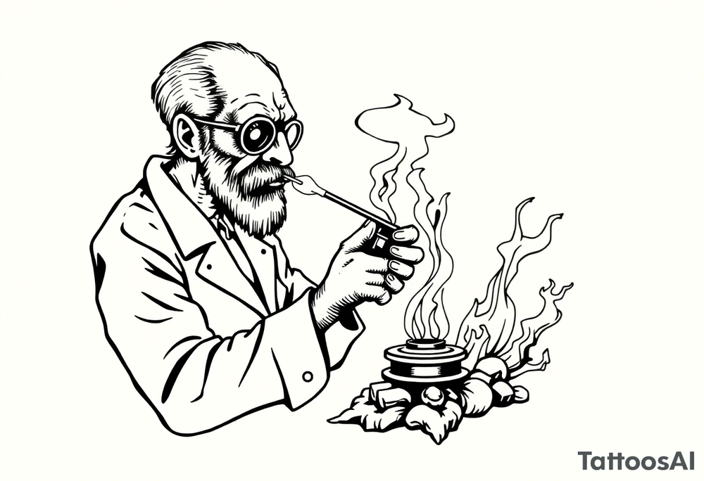 crazy mad scientist cooking up meth while smoking out of an oil burner tattoo idea