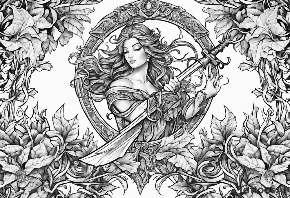 Leafy vines with sword tattoo idea