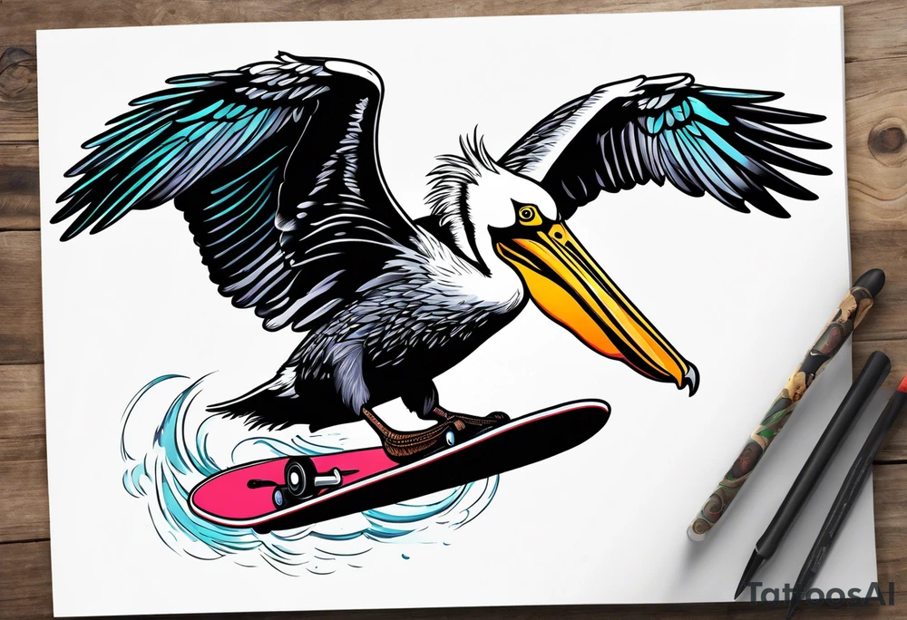 pelican going downhill on skateboard tattoo idea