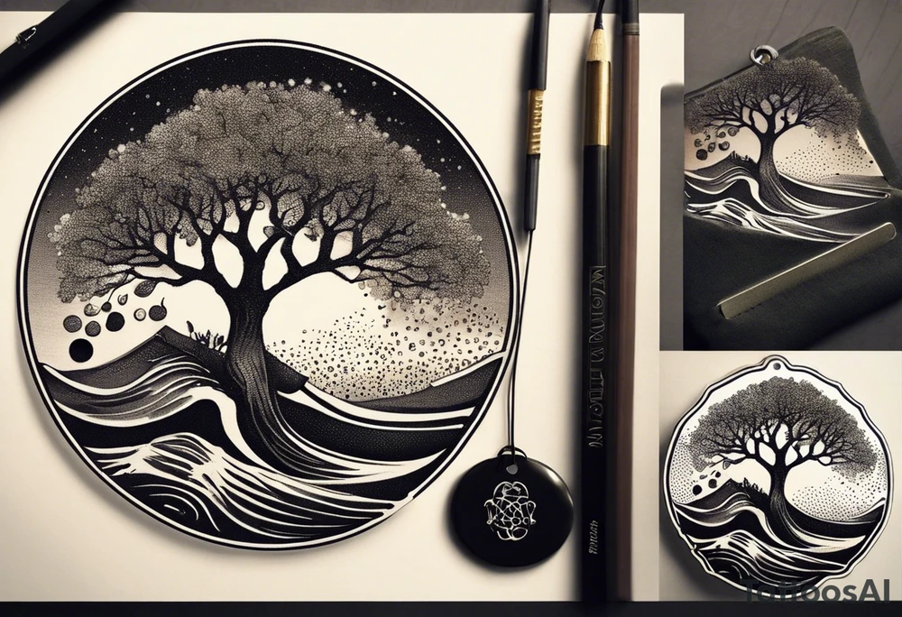 an abstract Tree of Life tattoo. It should have roots growing out of the bottom. The roots slowly turn into water from the Great Wave by Hokusai. A golf flag should be placed discreetly growing out of the ground. 2 license plate tags should be hanging from the tree. Place a few music notes in the areas the leaves should be. The letters A U should be engraved into the tree trunk in a heart. tattoo idea