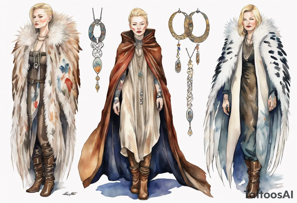 Cate Blanchette wearing medieval cloak  and boots and white feather necklace tattoo idea