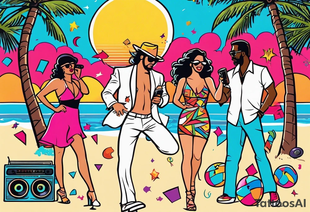 1980's miami vice style beach dance 
party, include confetti, music notes, boom box, bikinis sunset in the center tattoo idea