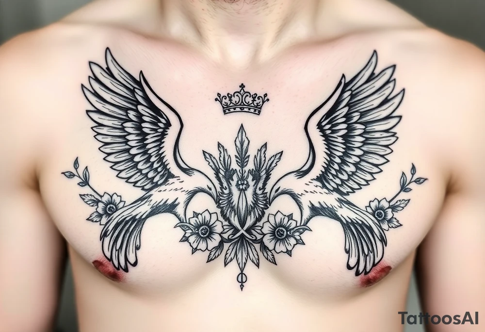 Chest tattoo,powerful two symetrical majestic eagles, surrounded by floral ornaments and lure, between eagles a crown tattoo idea