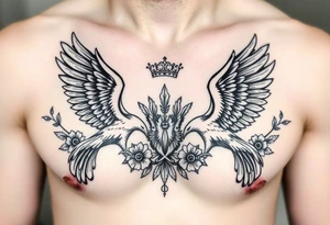 Chest tattoo,powerful two symetrical majestic eagles, surrounded by floral ornaments and lure, between eagles a crown tattoo idea