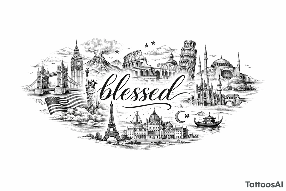Fine line surrel around “blessed” central inner forearm
England, USA, Iceland (3stars), Italy(2stars), Spain, Turkey(2stars), France & Hungary tattoo idea