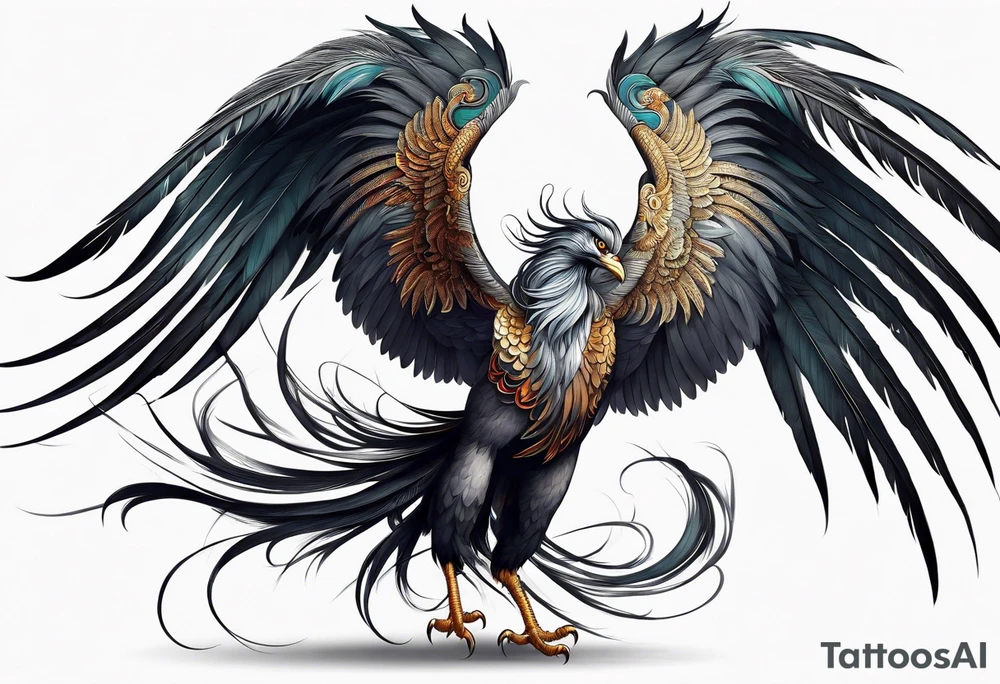 asian elegant long feathered phoenix
with a long neck, with no wings, graceful tattoo idea