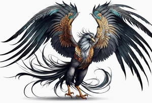 asian elegant long feathered phoenix
with a long neck, with no wings, graceful tattoo idea