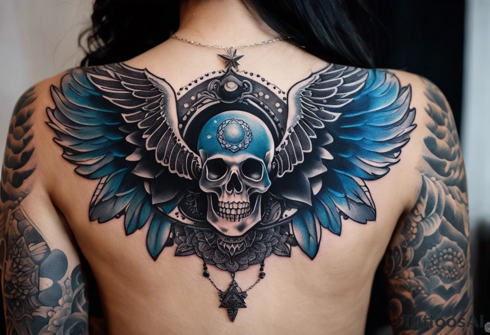 black kali, goddess pirate, alien, angel, pachamama, valkrye, warrior, flying, skull, lotus azul, wing, eagle, zenza resonance, stars, 5D, anahata chakra, death, durga, riding on a tiger, flying lady, chest tatoo tattoo idea