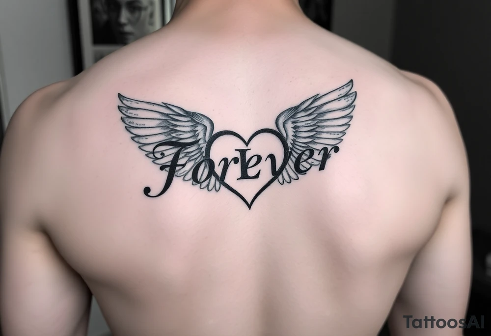 Tattoo with the word forever, the letter L and a wing in the form of a heart tattoo idea