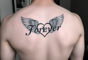 Tattoo with the word forever, the letter L and a wing in the form of a heart tattoo idea