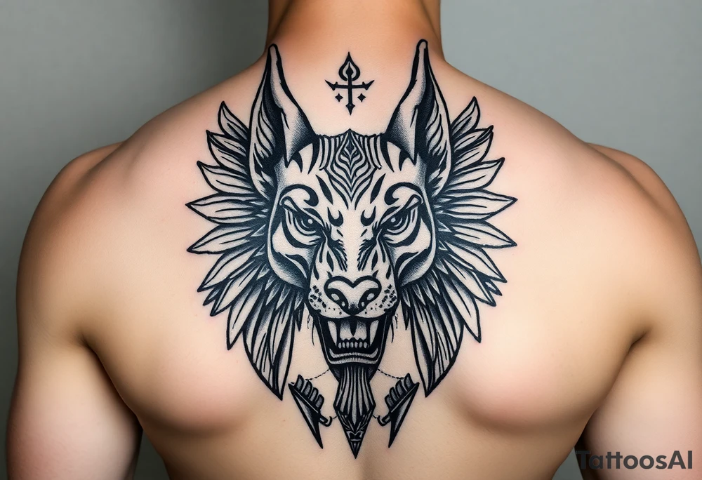 Egyptian Anubis god powerful face muscle in Egypt style dog face surrounded Egyptian symbols tattoo idea