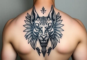Egyptian Anubis god powerful face muscle in Egypt style dog face surrounded Egyptian symbols tattoo idea