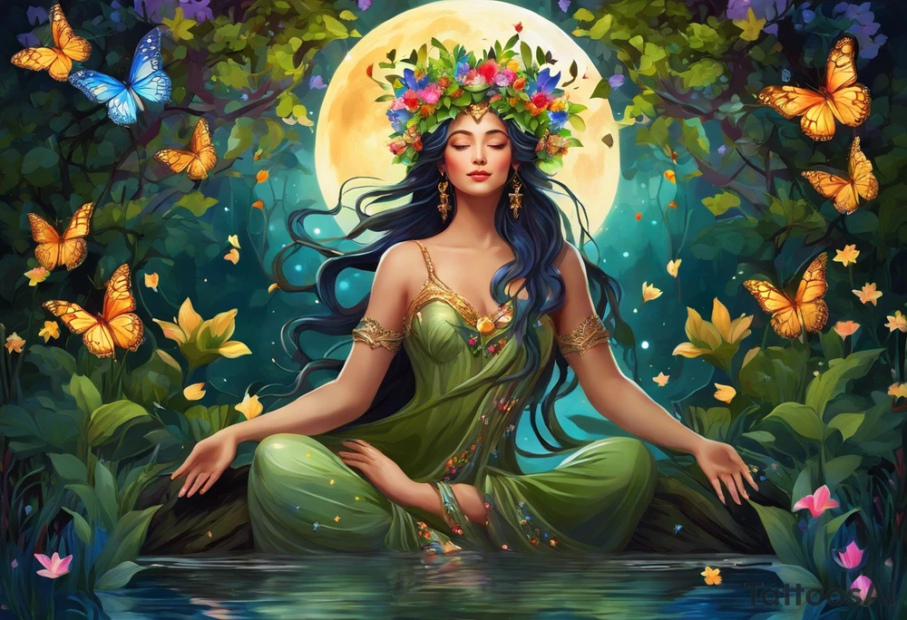 Beautiful woman made of tree, branches, and leaves surrounded by flowers. She is wearing a crown made of butterflies and has a pond and lilies near her feet with colorful vegetation. She is holding her arms upright and has her hands cupped above her head. Above her hands she has the moon, stars, and sun. The moon, stars, and sun have a flower accent. tattoo idea