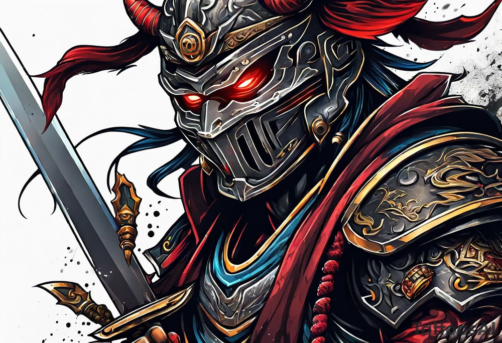 Angry robot demon ninja with demon mask with huge sword fighting in war tattoo idea
