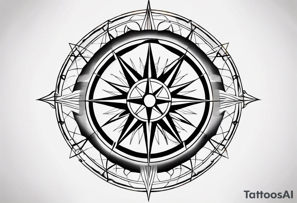 a classic compass rose as the central element,Overlaying the compass rose is a simplified molecular structure of serotonin tattoo idea