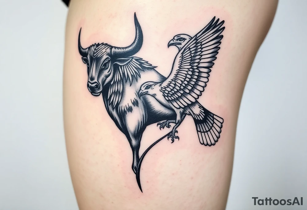 A bull and a falcon combined with ancient Egyptian mythology, as ruled by Venus in western zodiac, tattoo idea