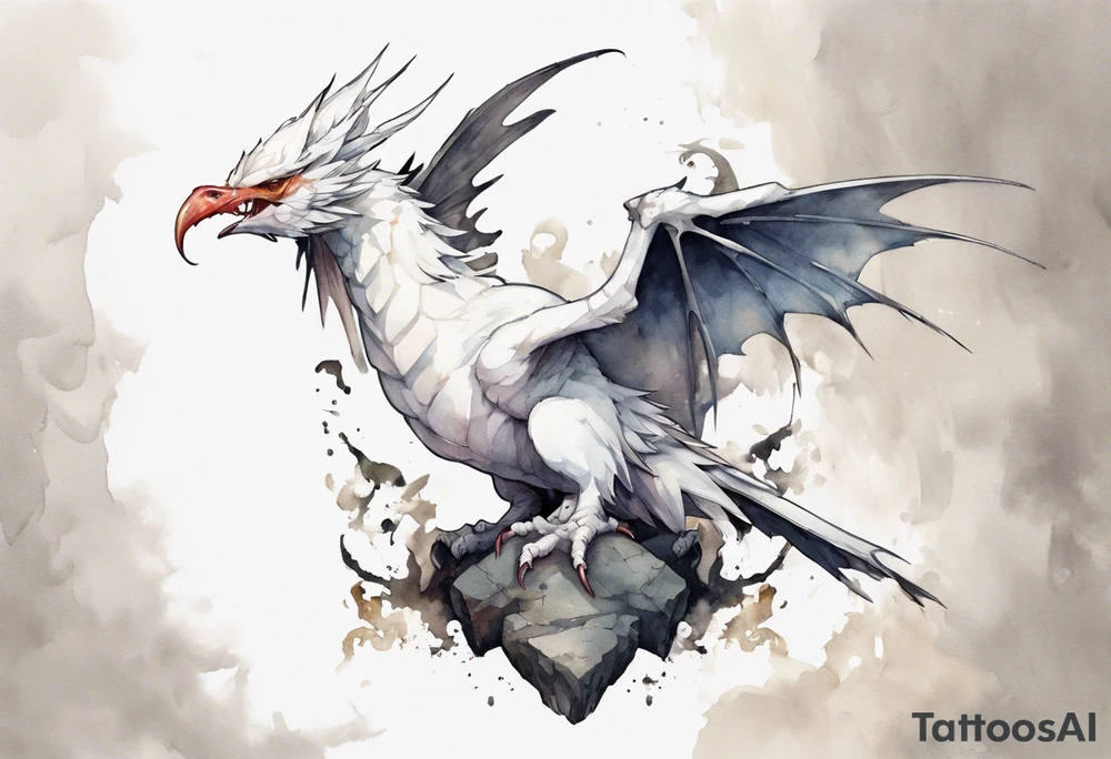 a white bird-wyvern hybrid, wearing a plain iron crown on head, perched on a stone tattoo idea