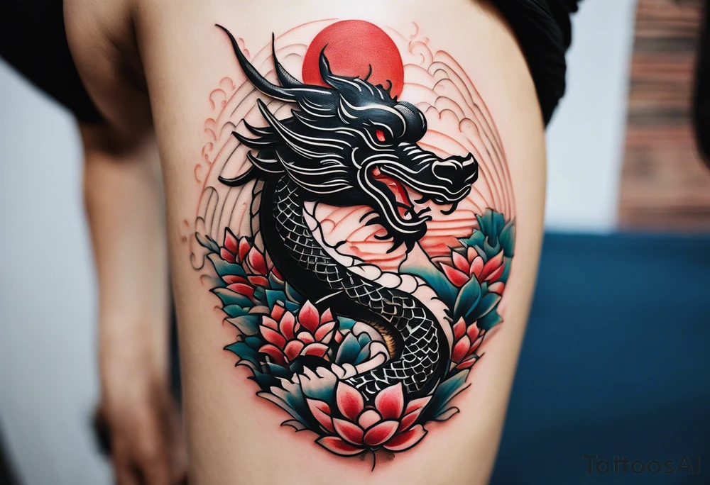 A black Vietnamese tattoo design featuring intricate depictions of sacred animals like the dragon and turtle intertwined with majestic mountains and lush rice fields. Incorporate iconic elements such as the conical straw hat floating above, surrounded by blooming lotus flowers and traditional silk lanterns. The tattoo reflects the essence of Vietnam's breathtaking nature, with swirling mist and flowing water elements woven into the composition, merging traditional artistry with a modern flair. Use a color palette that evokes the lush greens of the countryside and the warm tones of sunset. tattoo idea