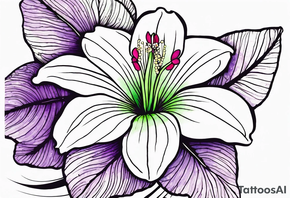 An outline of a rio dipladenia flower with a green and purple watercolor mix in the background tattoo idea