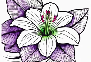 An outline of a rio dipladenia flower with a green and purple watercolor mix in the background tattoo idea