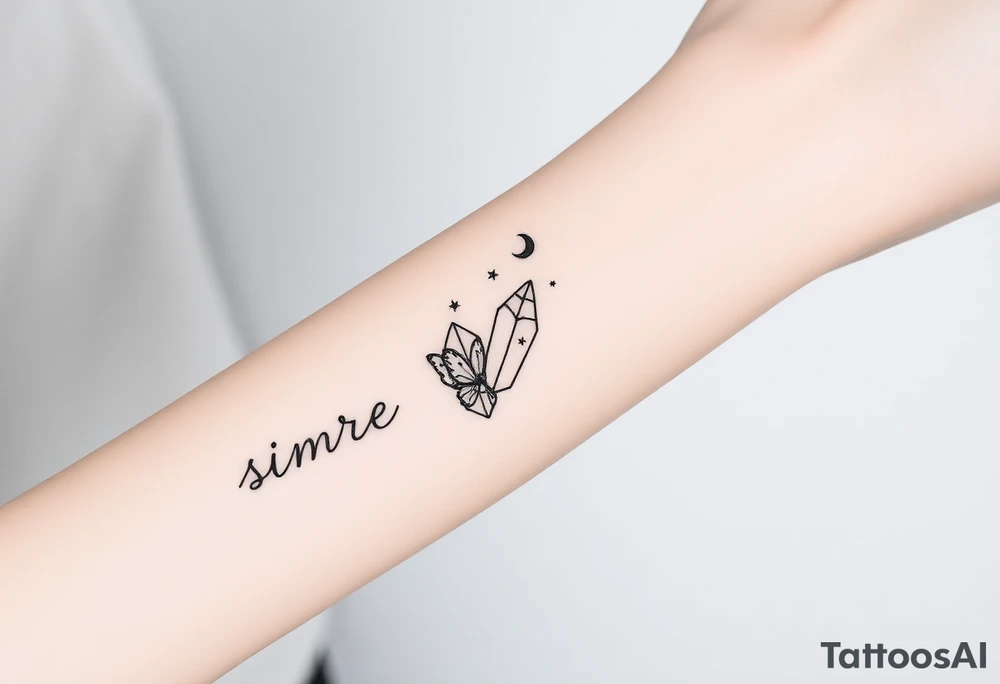Placement: Forearm half sleeve. Fine line forget-me-not wrapped around the arm, with 3 small butterflies placed around it. The word ‘siempre’ along the inside of the wrist. 444 and a fine line moon and star. On the inner forearm, there are two crystals tied together with rope, with some stars dotted around it and two fine line leaf stems, and a moon above it. All tattoos in black ink. tattoo idea