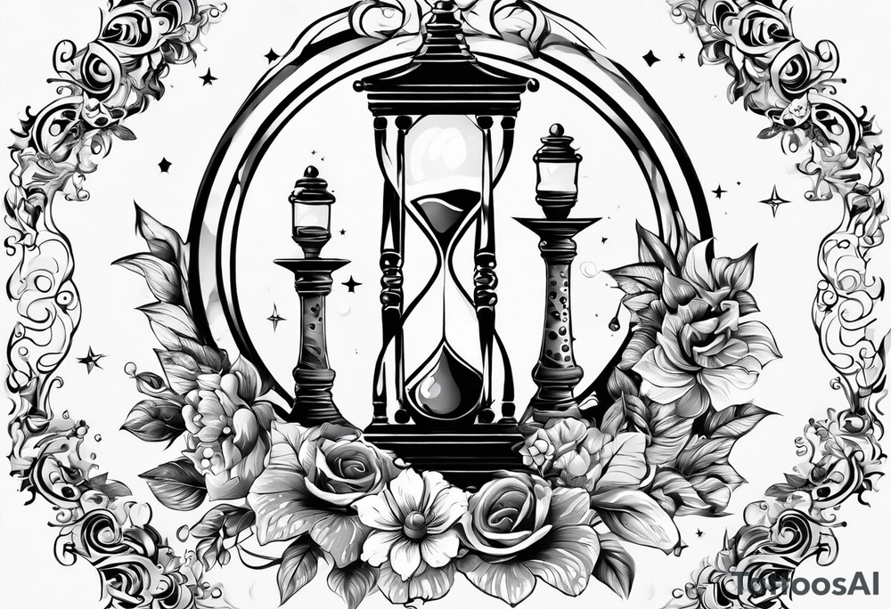 Mix an hourglass with a nautical clock with the addition of planets, galaxies and flower spikes to give a design to print on a t-shirt, the design should be in one color in the form of a tattoo and all the shapes should be mixed to give one shape tattoo idea
