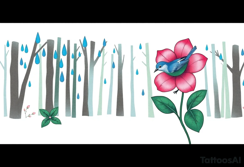 forest background with blue rain drops, pink camelia flower and blue wren bird tattoo idea
