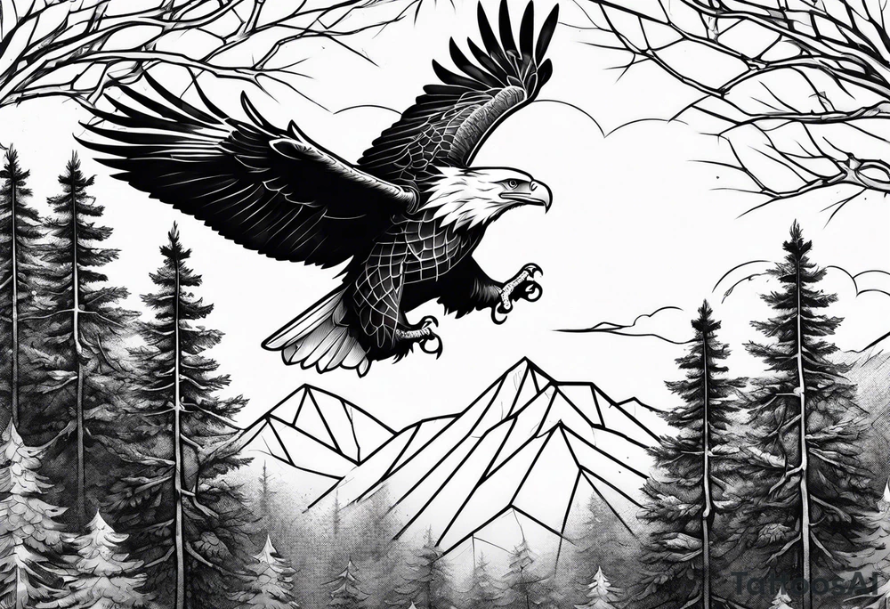 Eagle flying over trees tattoo idea