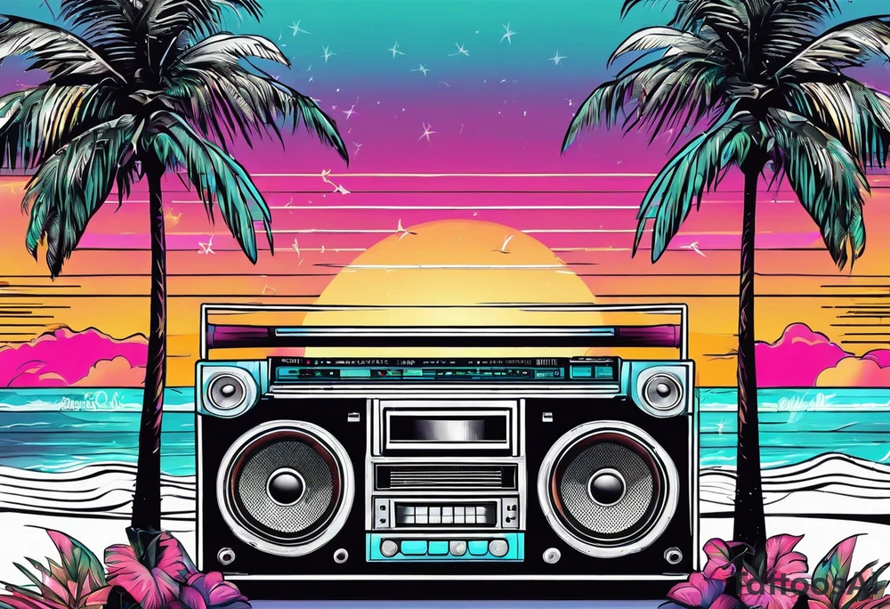 1980'S BOOM BOX MIAMI VICE STYLE, BEACH , PALM TREES, MUSIC NOTES tattoo idea