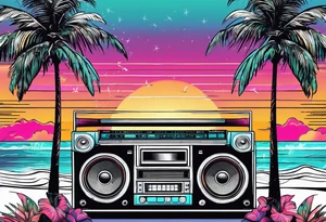 1980'S BOOM BOX MIAMI VICE STYLE, BEACH , PALM TREES, MUSIC NOTES tattoo idea